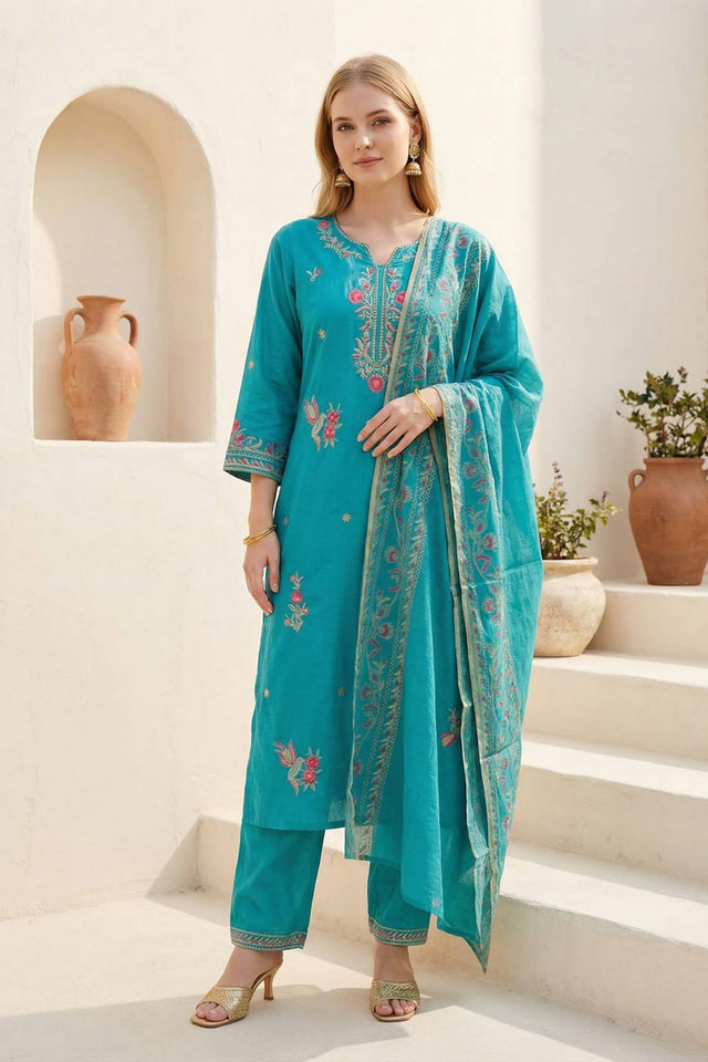 Blue Embroidered Rayon Kurti Pant Set (IDKH5BL11585)