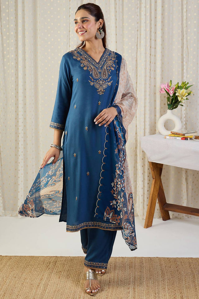 Blue Embroidered Rayon Kurti Pant Set (IDKH5BL12091)