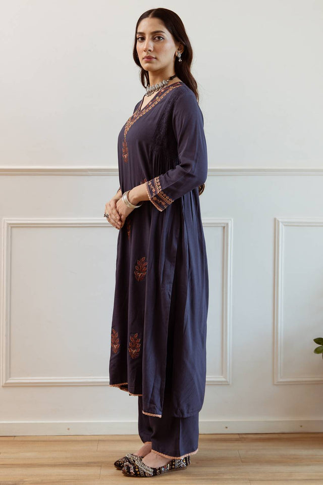 Blue Embroidered Rayon Kurti Pant Set (IDKH5BL6977)