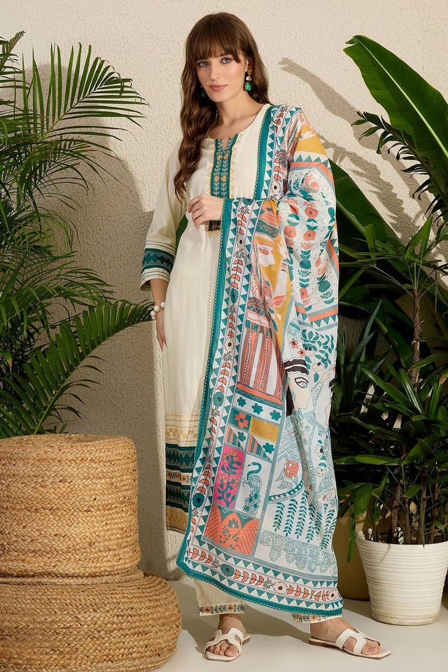 Cream Embroidered Rayon Kurti Pant Set (IDKH5CR10544)