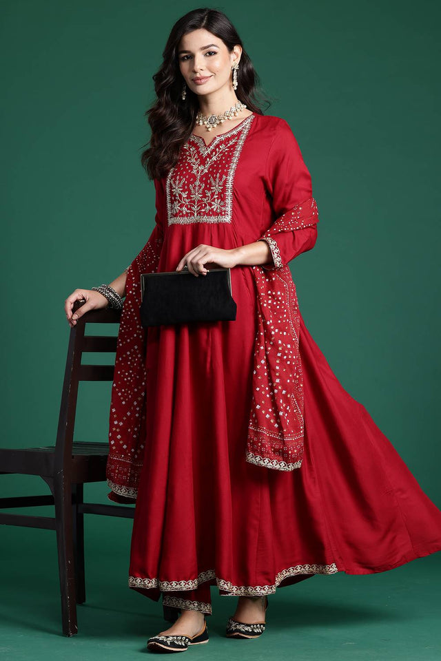 Maroon Embroidered Rayon Kurti Pant Set (IDKH5MR7937)