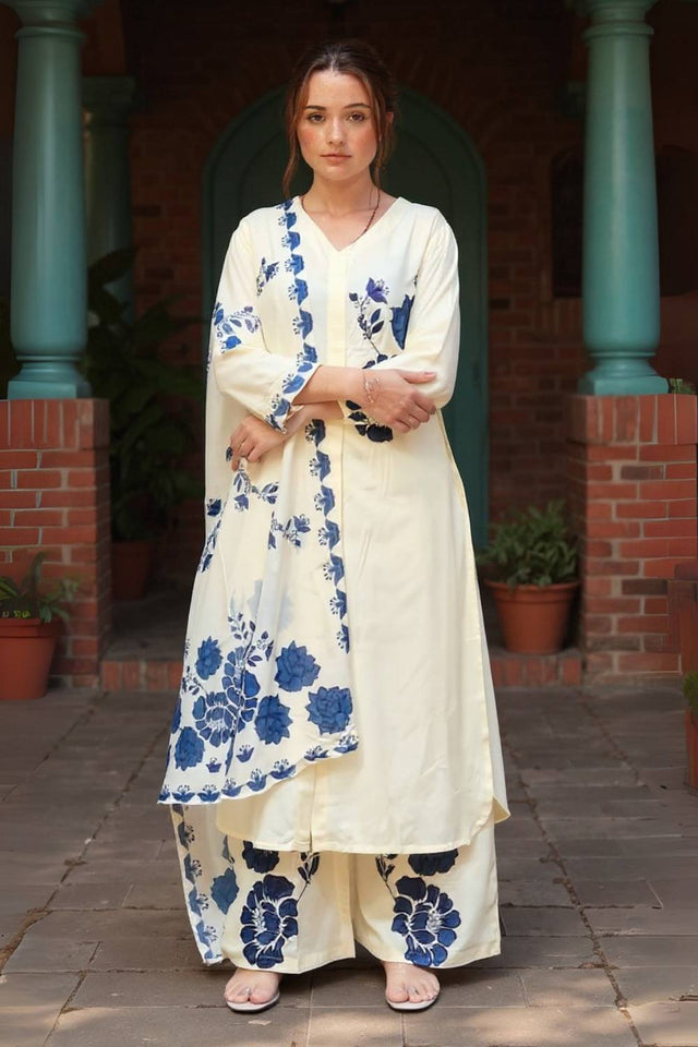 Off White Printed Rayon Kurti Pant Set (IDKH5OW9711)