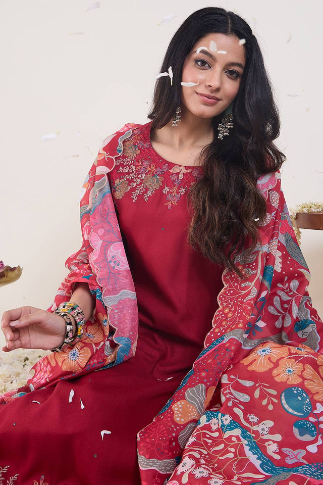 Pink Embroidered Rayon Kurti Pant Set (IDKH5PK12090)