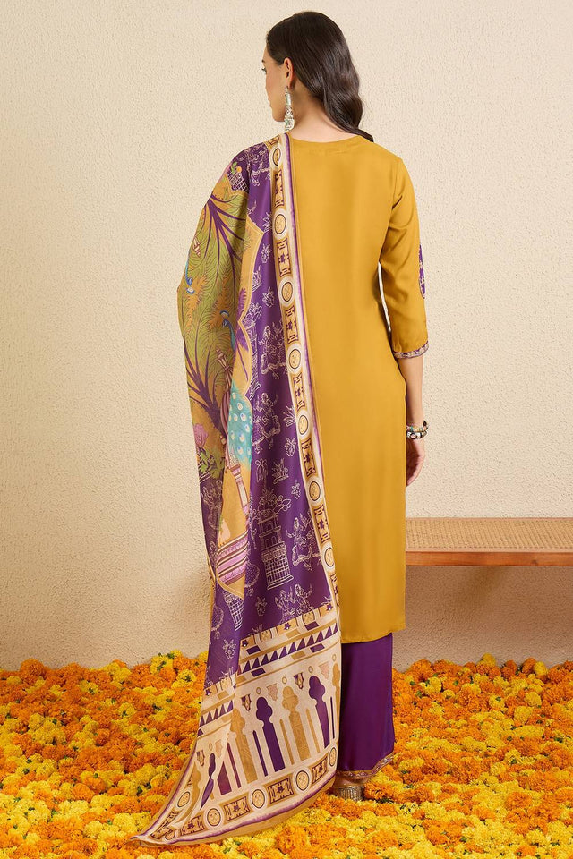 Violet Embroidered Rayon Kurti Pant Set (IDKH5PR12085)