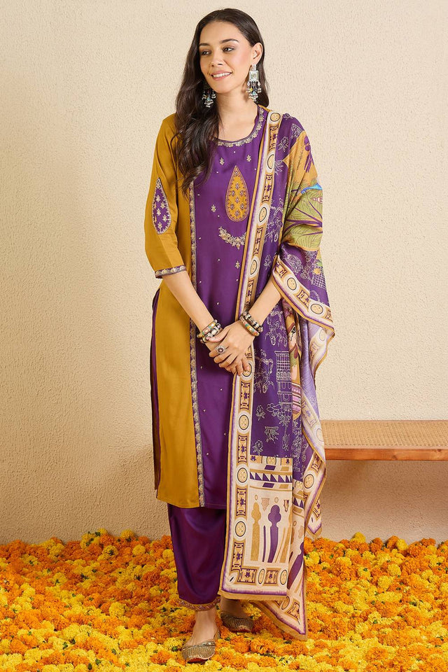 Violet Embroidered Rayon Kurti Pant Set (IDKH5PR12085)
