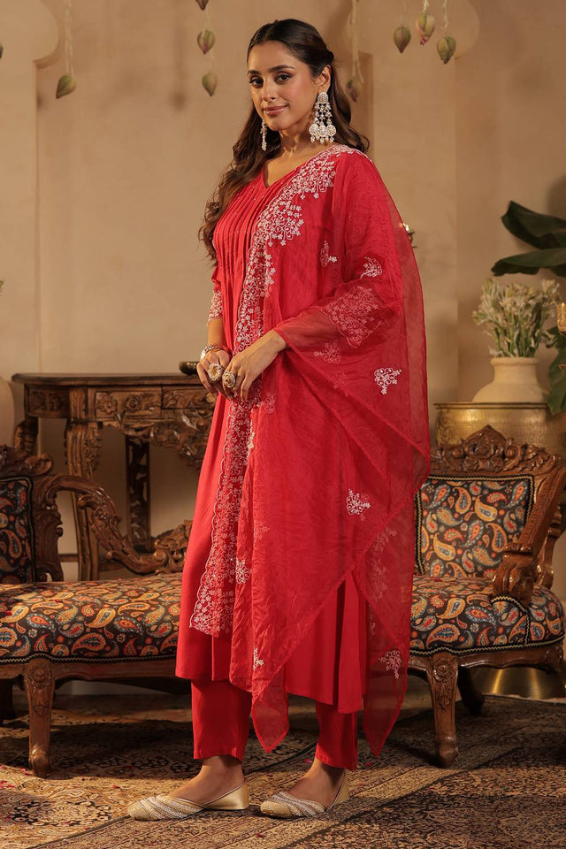 Pink Embroidered Rayon Kurti Pant Set (IDKH5RP12227)