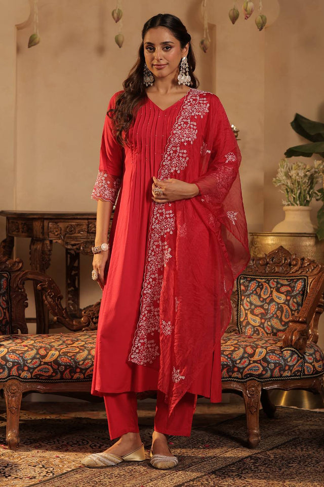 Pink Embroidered Rayon Kurti Pant Set (IDKH5RP12227)