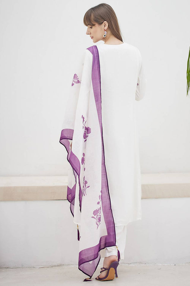White Embroidered Rayon Kurti Pant Set (IDKH6WH11593)