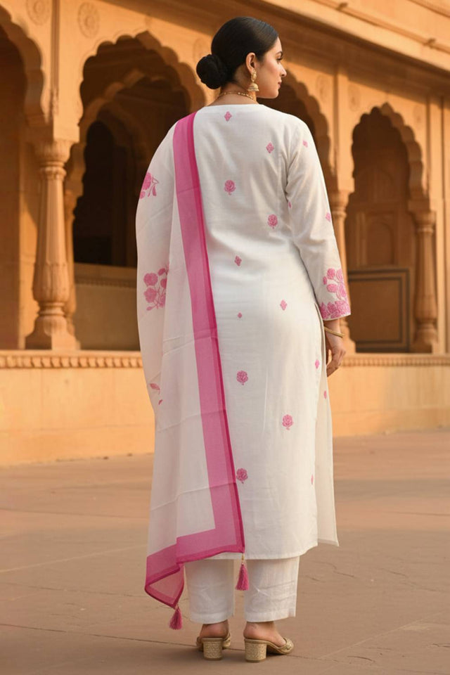 White Embroidered Rayon Kurti Pant Set (IDKH6WH11595)