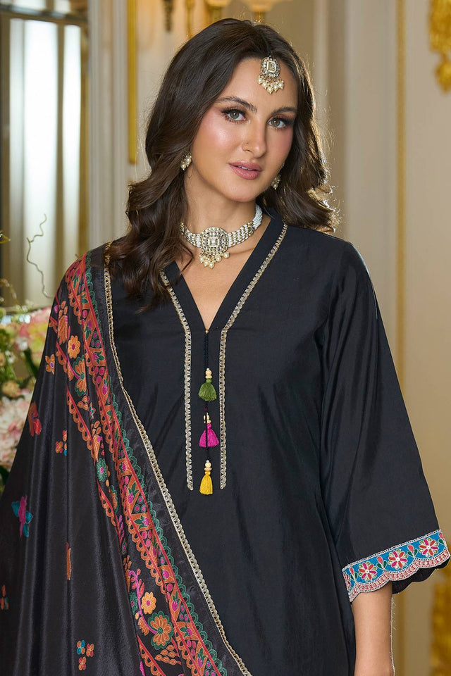 Black Embroidered Silk Blend Kurti Pant Set (IDKH9BK12311)
