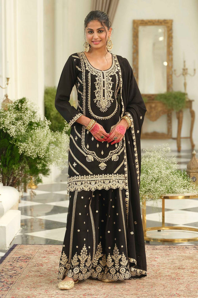 Black Embroidered Chinon Kurti Pant Set (IDKH9BK12445)