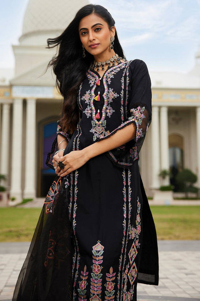 Black Floral Sequin Embroidered Silk Blend Kurti Pant Set (IDKH9BK6969)