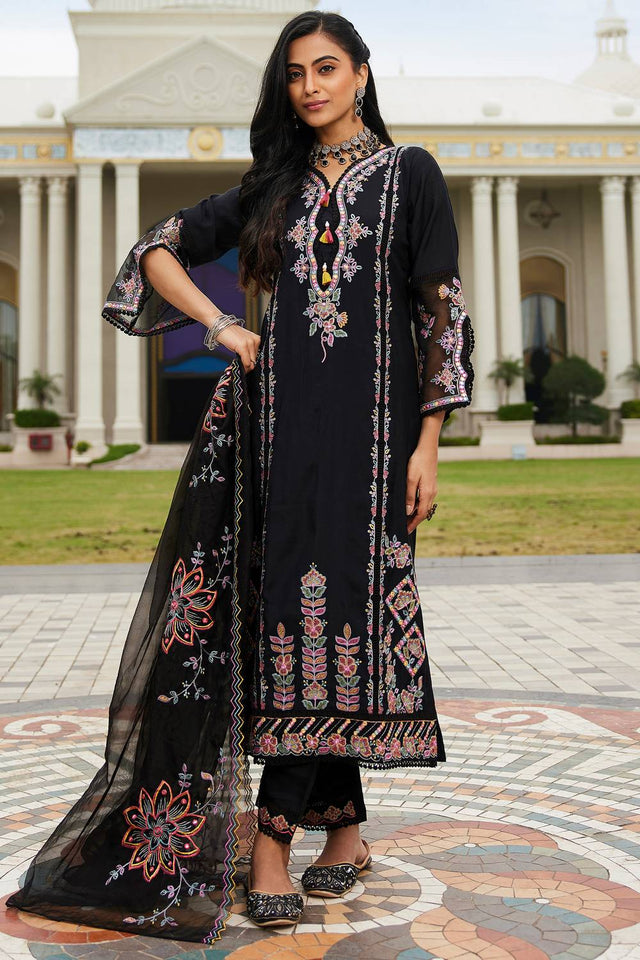 Black Floral Sequin Embroidered Silk Blend Kurti Pant Set (IDKH9BK6969)