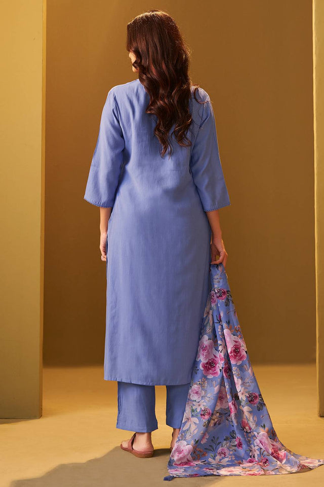 Blue Solid Cotton Blend Kurti Pant Set (IDKH9BL11402)