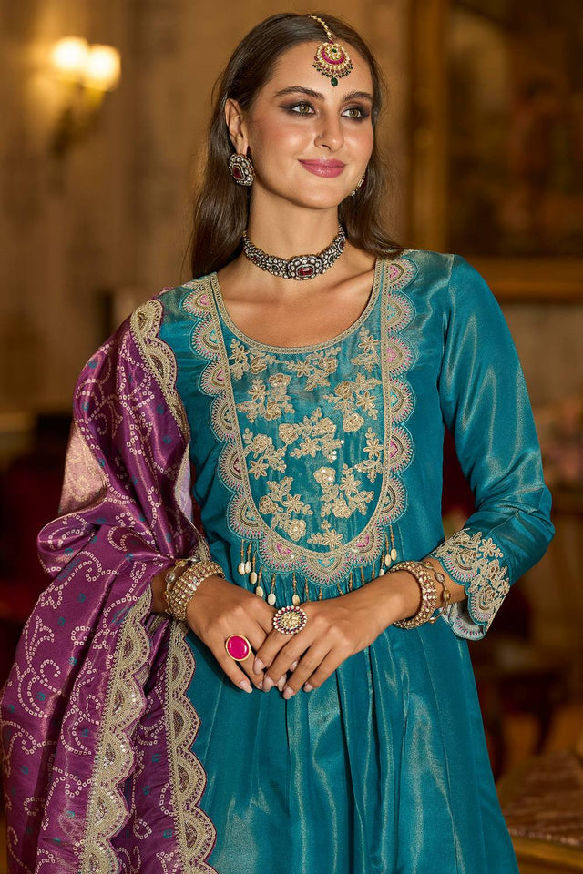 Blue Embroidered Silk Blend Kurti Pant Set (IDKH9BL12315)