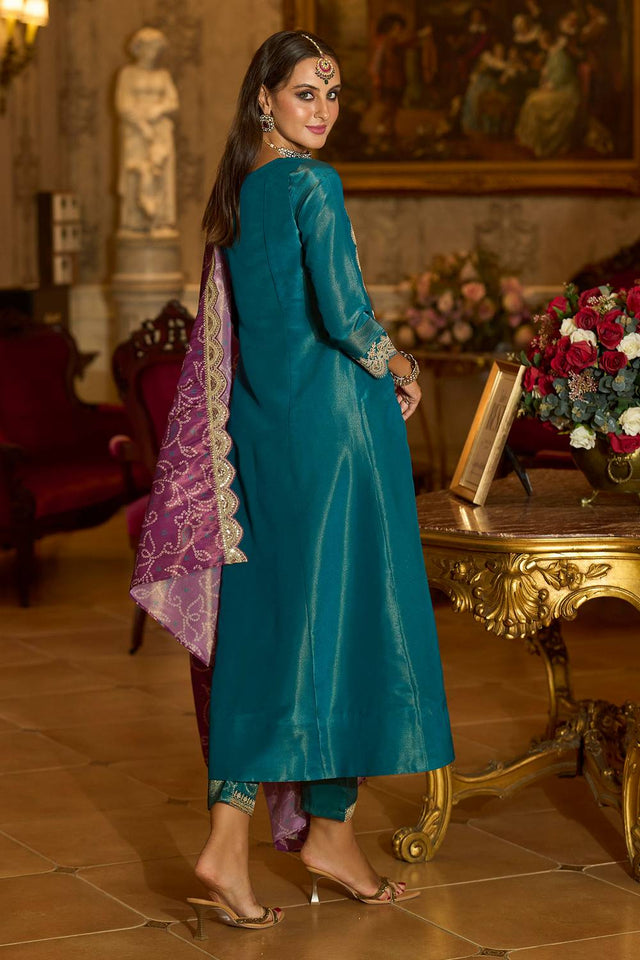 Blue Embroidered Silk Blend Kurti Pant Set (IDKH9BL12315)