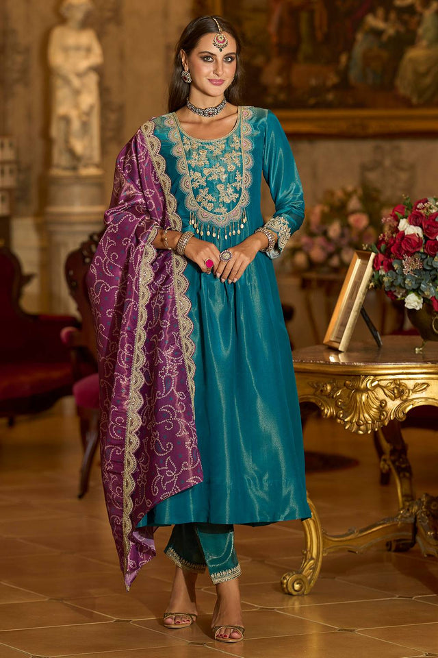 Blue Embroidered Silk Blend Kurti Pant Set (IDKH9BL12315)