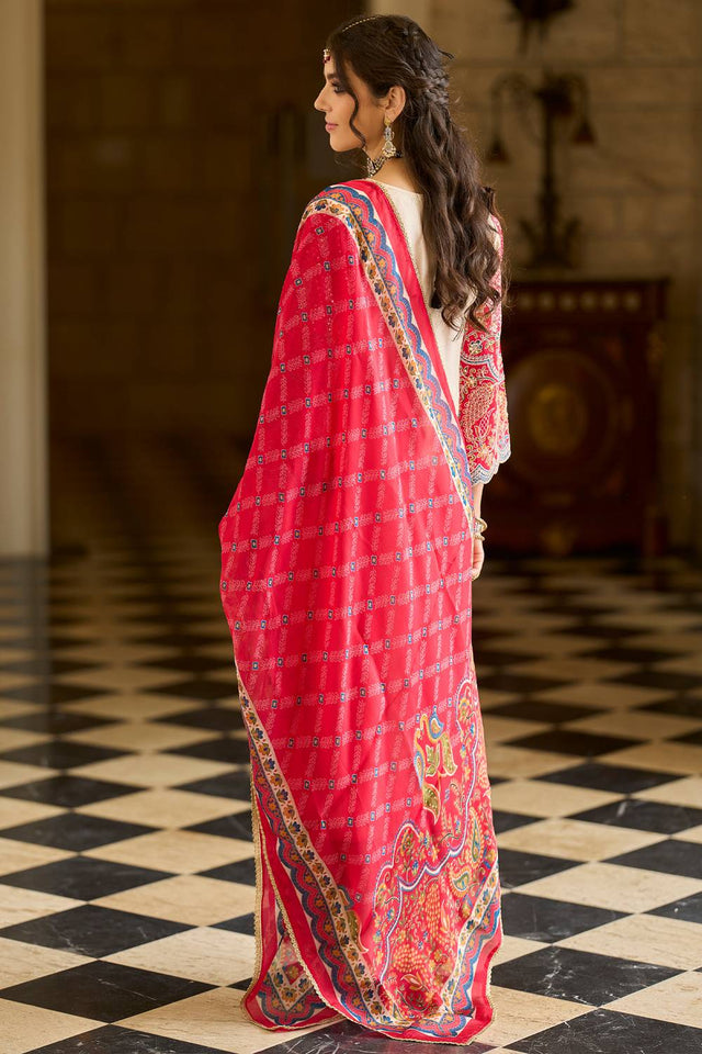 Cream Embroidered Silk Blend Kurti Pant Set (IDKH9CR12370)