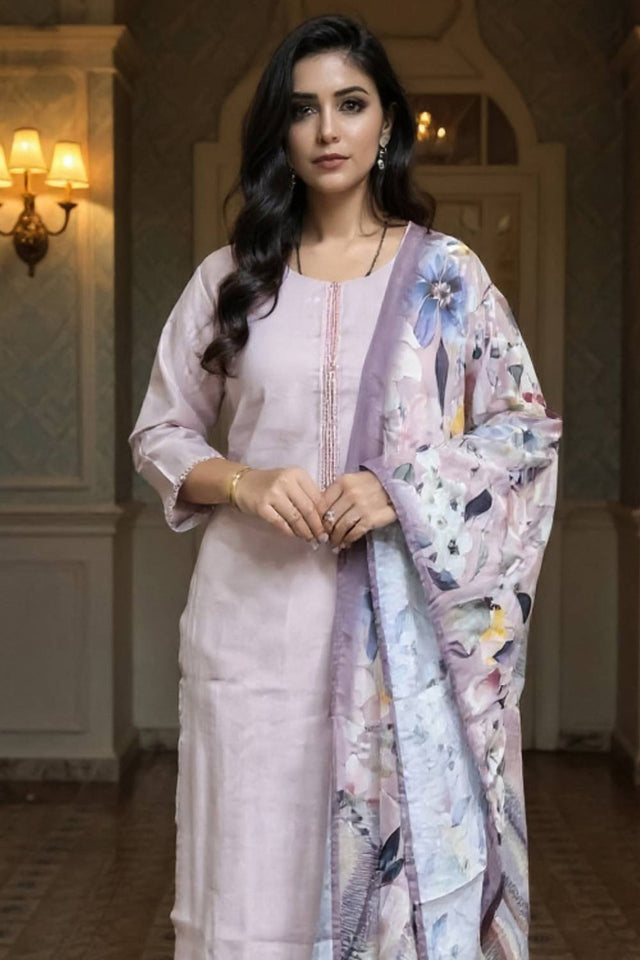 Lavender Embroidered Cotton Blend Kurti Pant Set (IDKH9LV11399)