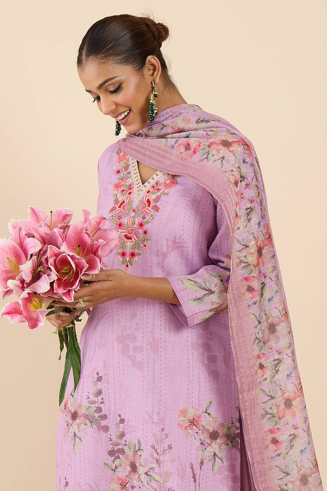 Lavender Embroidered Linen Kurti Pant Set (IDKH9LV12032)