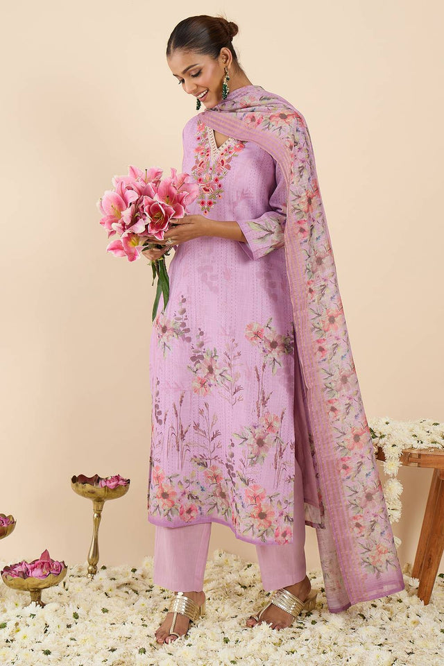 Lavender Embroidered Linen Kurti Pant Set (IDKH9LV12032)
