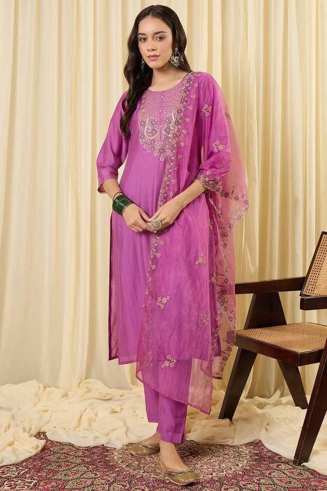 Lavender Floral Embroidered Silk Blend Kurti Pant Set (IDKH9LV12271)