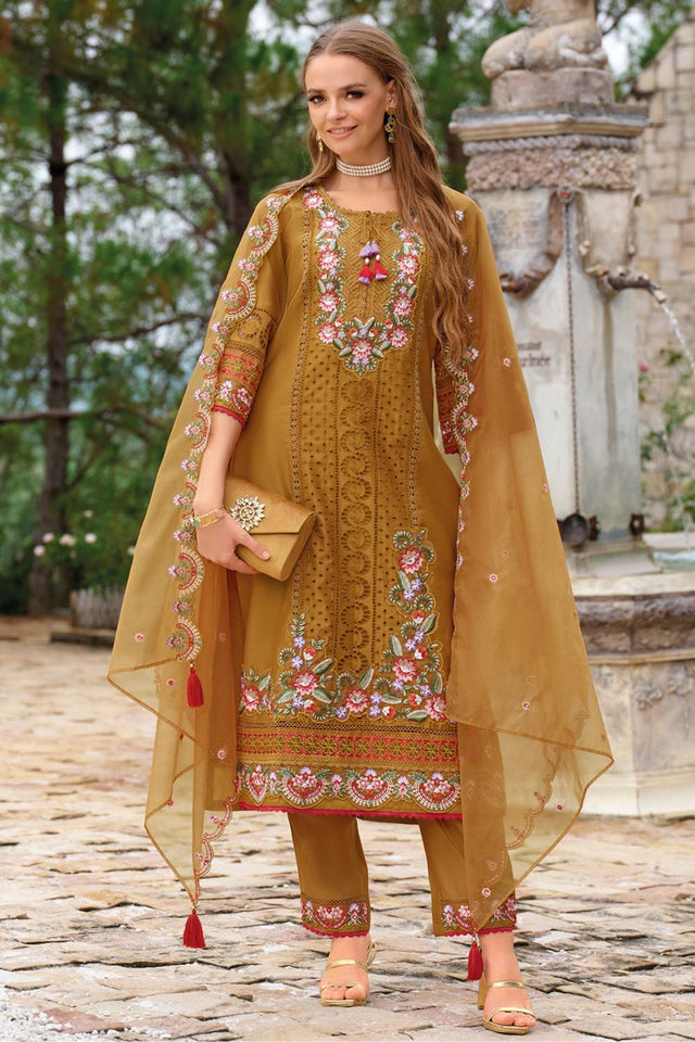 Mustard Embroidered Silk Blend Kurti Pant Set (IDKH9MT11533)