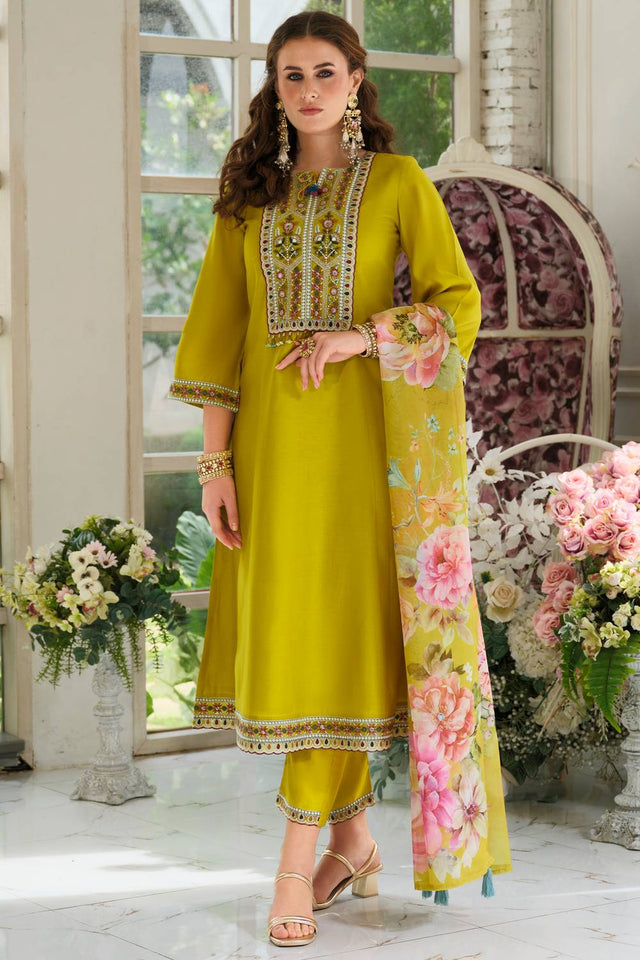Mustard Embroidered Cotton Blend Kurti Pant Set (IDKH9MT11605)