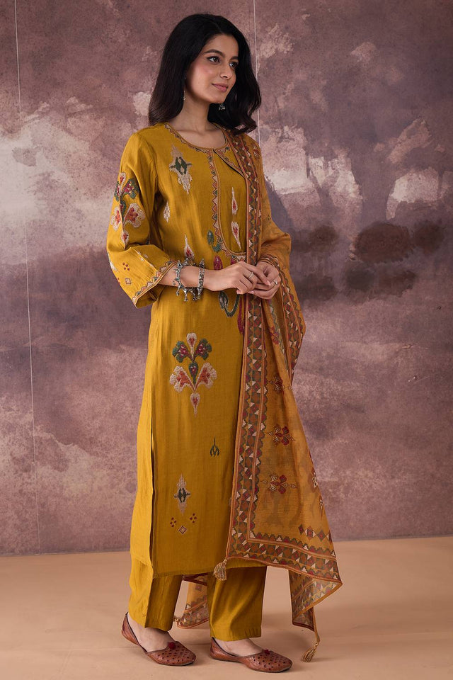 Mustard Embroidered Silk Blend Kurti Pant Set (IDKH9MT12081)