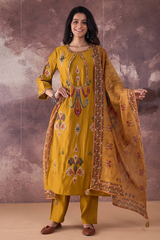 Mustard Embroidered Silk Blend Kurti Pant Set (IDKH9MT12081)
