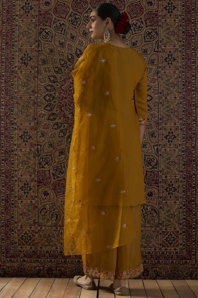 Mustard Floral Sequin Embroidered Silk Blend Kurti Pant Set (IDKH9MT12426)