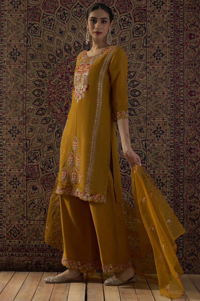 Mustard Floral Sequin Embroidered Silk Blend Kurti Pant Set (IDKH9MT12426)