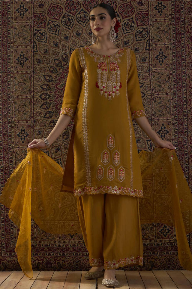 Mustard Floral Sequin Embroidered Silk Blend Kurti Pant Set (IDKH9MT12426)