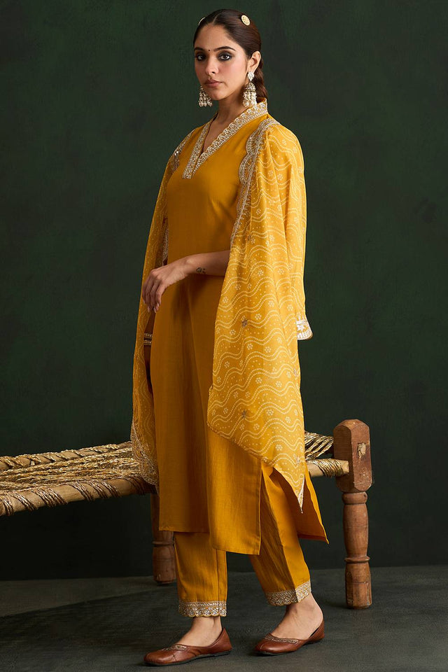 Mustard Embroidered Silk Blend Kurti Pant Set (IDKH9MT6375)