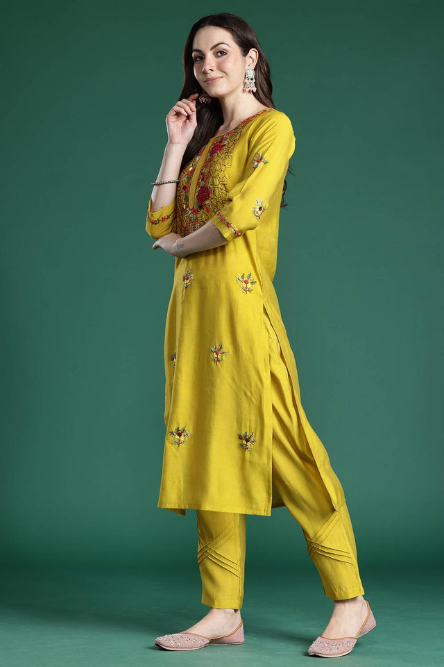Mustard Embroidered Silk Blend Kurti Pant Set (IDKH9MT6928)