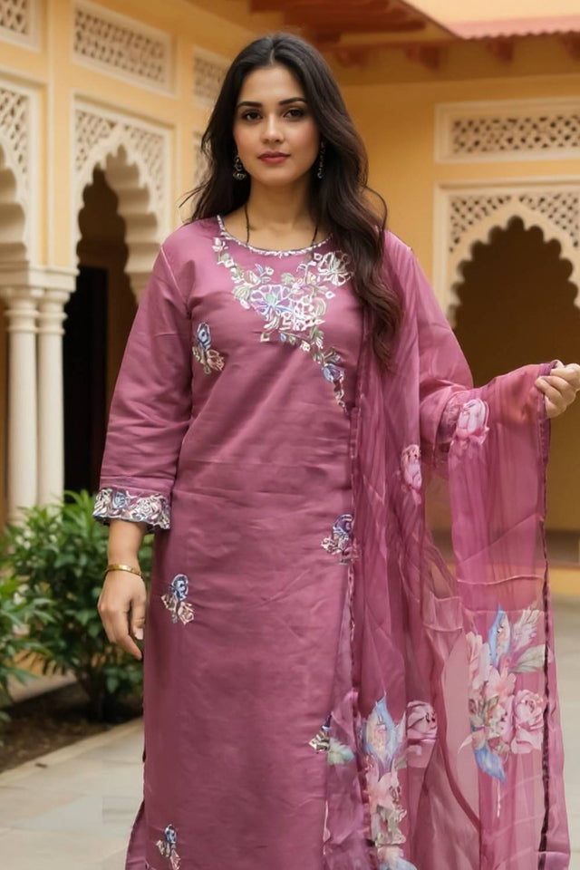 Mauve Floral Printed Silk Blend Kurti Pant Set (IDKH9MU10464)
