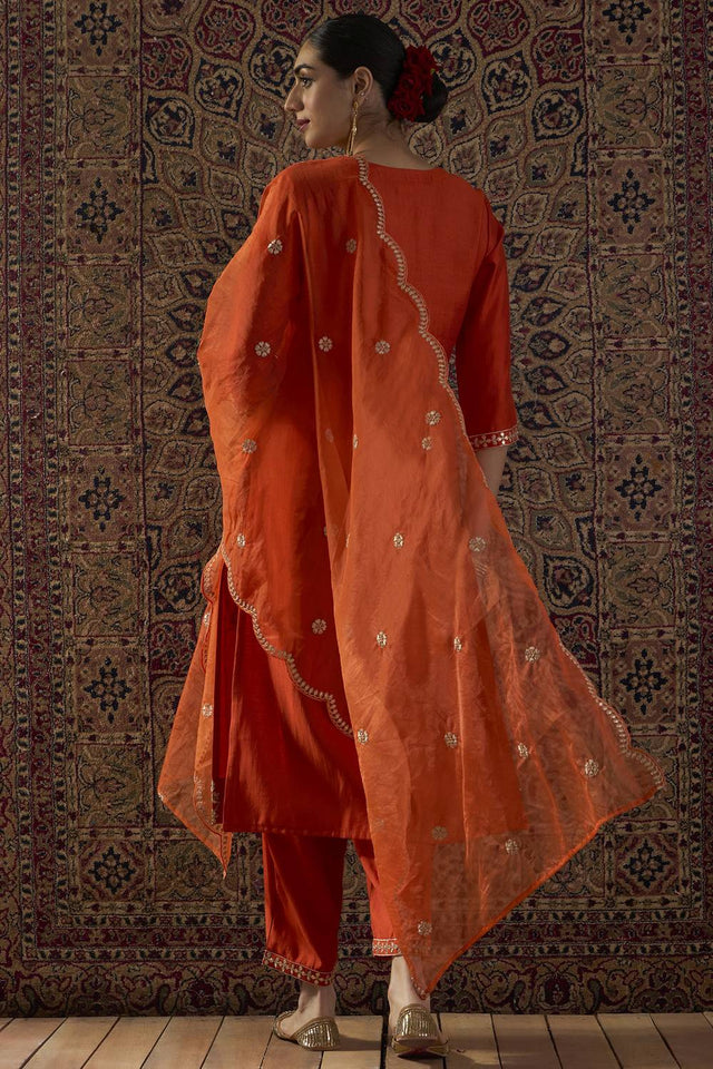 Orange Embroidered Silk Blend Kurti Pant Set (IDKH9OR12435)