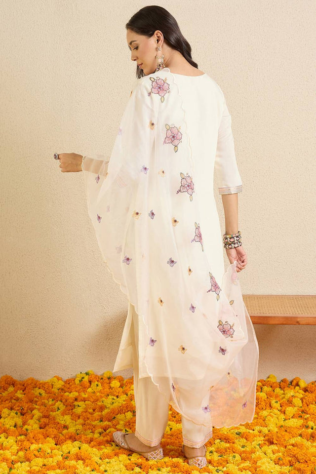 Off White Floral Embroidered Silk Blend Kurti Pant Set (IDKH9OW12429)