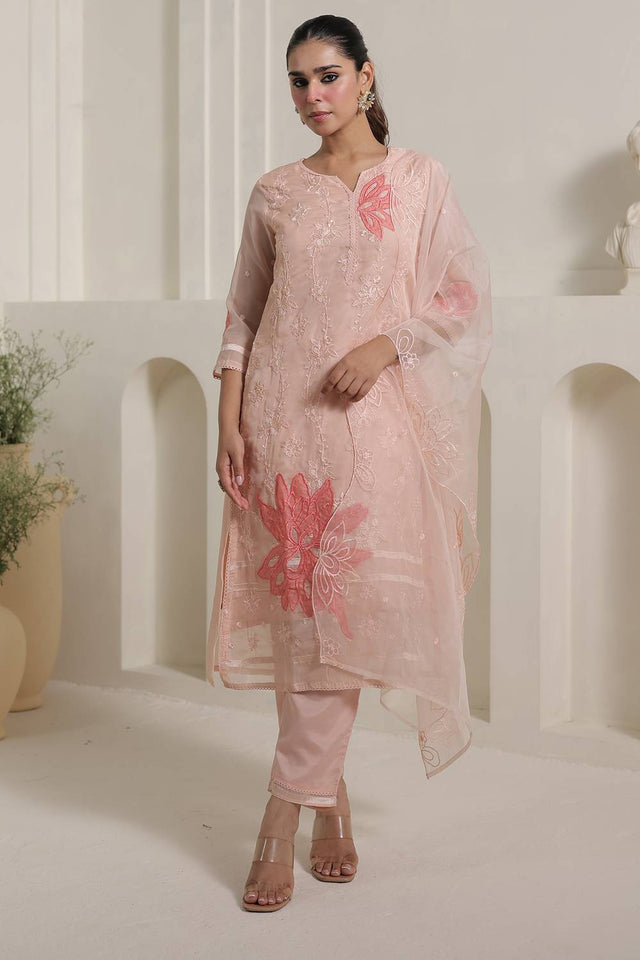Peach Embroidered Organza Kurti Pant Set (IDKH9PH11446)