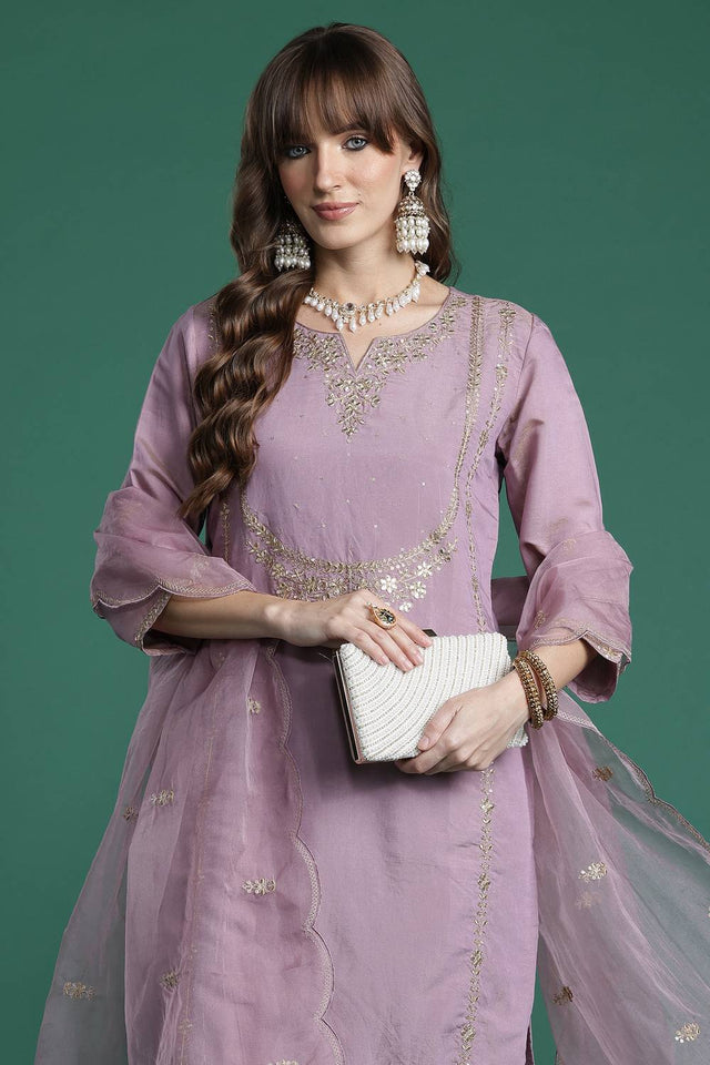 Pink Embroidered Silk Blend Kurti Pant Set (IDKH9PK10354)