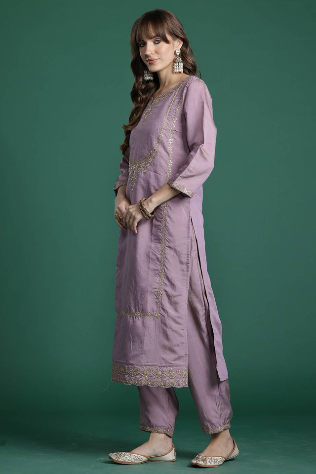 Pink Embroidered Silk Blend Kurti Pant Set (IDKH9PK10354)