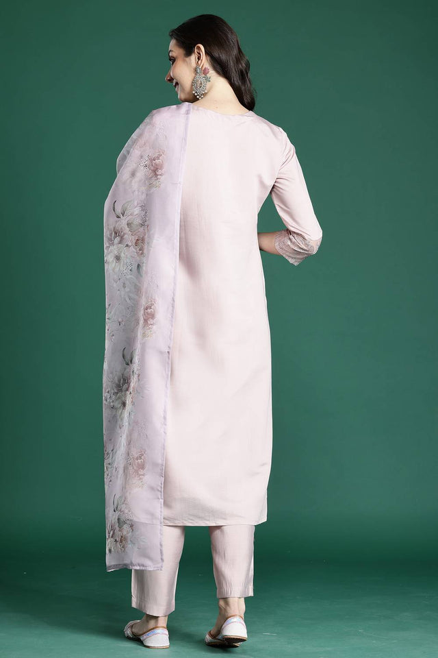 Pink Embroidered Silk Blend Kurti Pant Set (IDKH9PK11060)