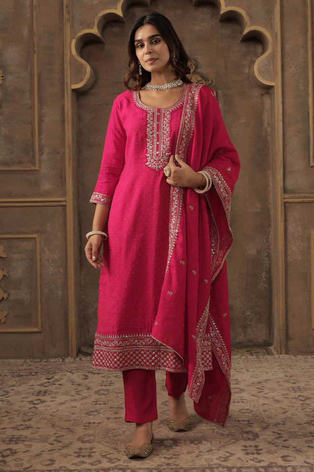 Pink Embroidered Chanderi Kurti Pant Set (IDKH9PK11229)