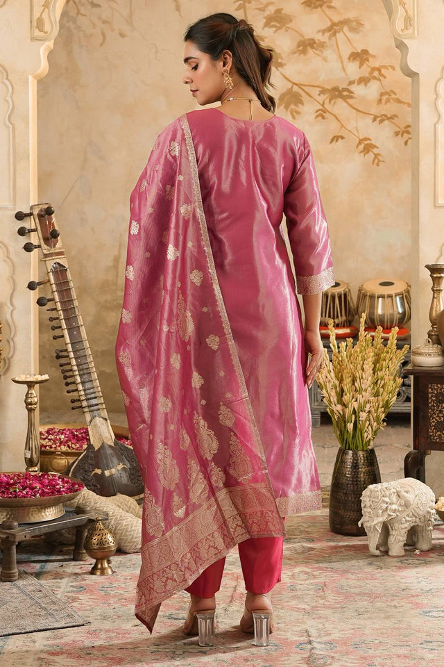 Pink Floral Woven Silk Blend Kurti Pant Set (IDKH9PK11541)