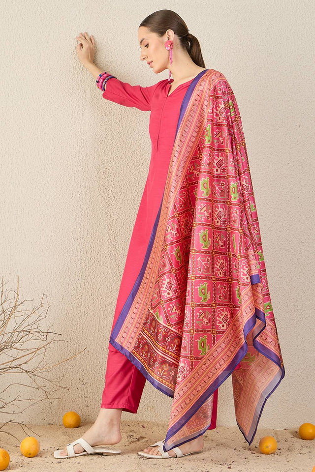 Pink Solid Cotton Blend Kurti Pant Set (IDKH9PK11637)