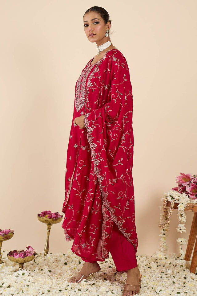 Pink Embroidered Silk Blend Kurti Pant Set (IDKH9PK11867)