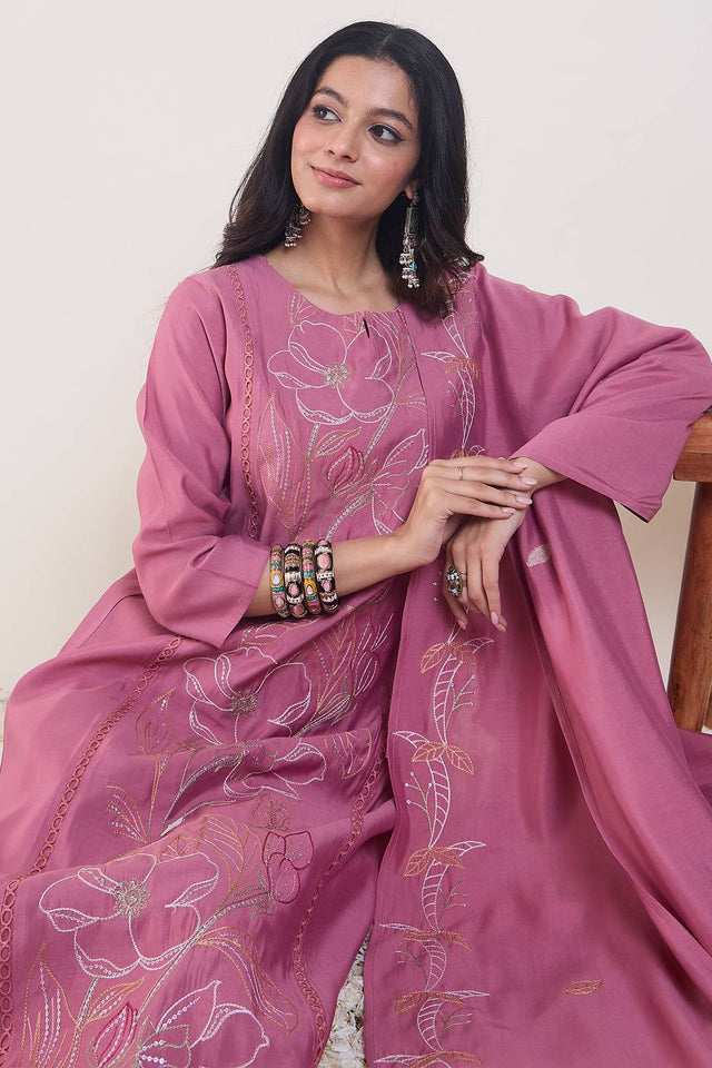 Pink Embroidered Silk Blend Kurti Pant Set (IDKH9PK12225)