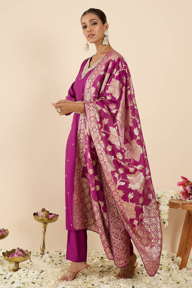 Violet Embroidered Silk Blend Kurti Pant Set (IDKH9PR12274)
