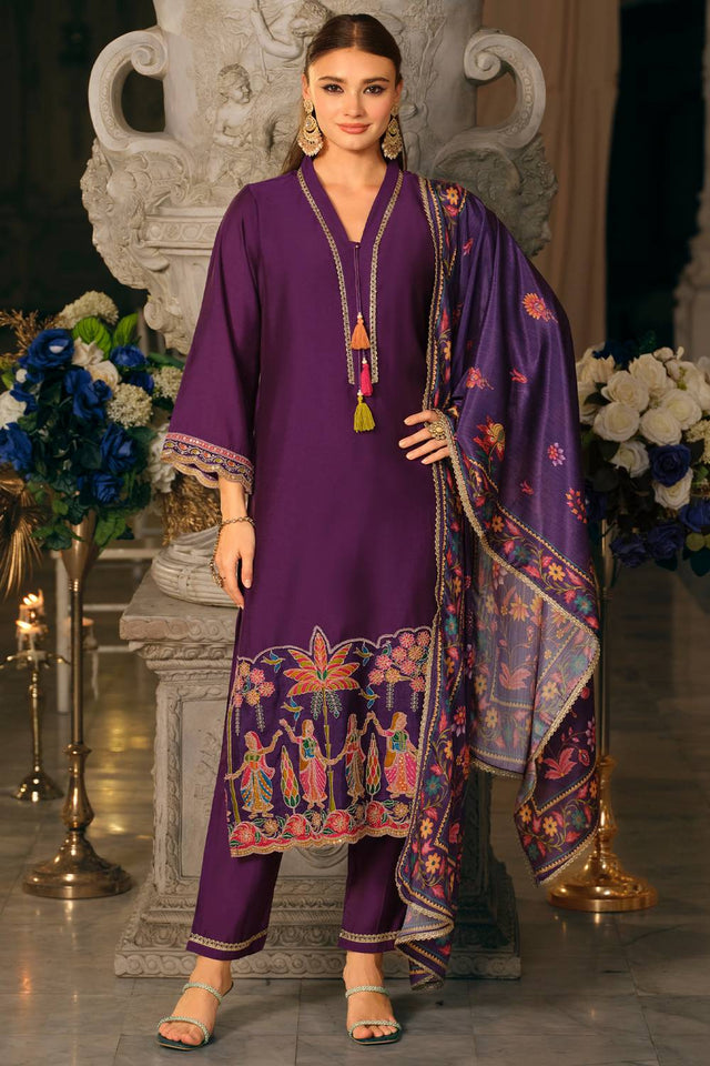 Violet Sequin Silk Blend Kurti Pant Set (IDKH9PR12501)