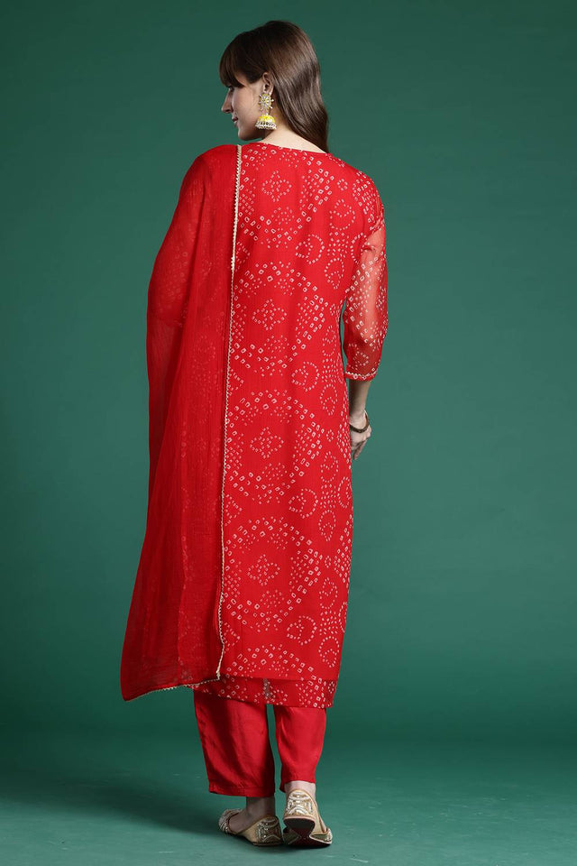 Red Floral Embroidered Silk Kurti Pant Set (IDKH9RD9976)